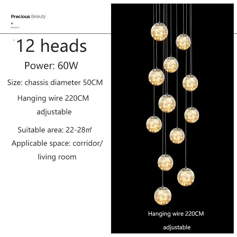 Decorbites led glass ball chandelier with 12 spherical glass globes suspended by adjustable wires for villa living room