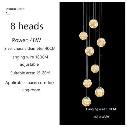 Modern decorbites led glass ball chandelier with eight amber glass orbs suspended by chrome wires for duplex villa living room