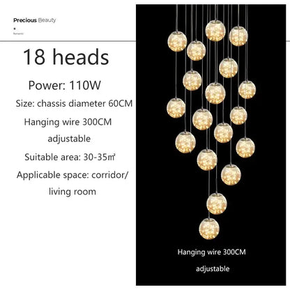 DecorBites led glass ball chandelier with 18 warm-toned glass globes for duplex villa living room lighting