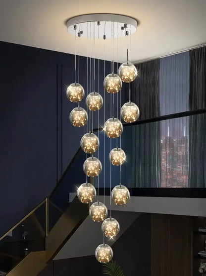 Modern chrome finished decorbites led glass ball chandelier with warm lights for duplex villa living room ambiance