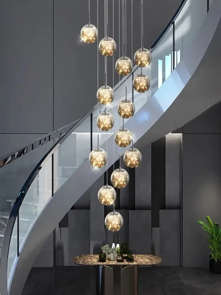 Golden decorbites led glass ball chandelier with cascading glass globe pendant lights for duplex villa living room
