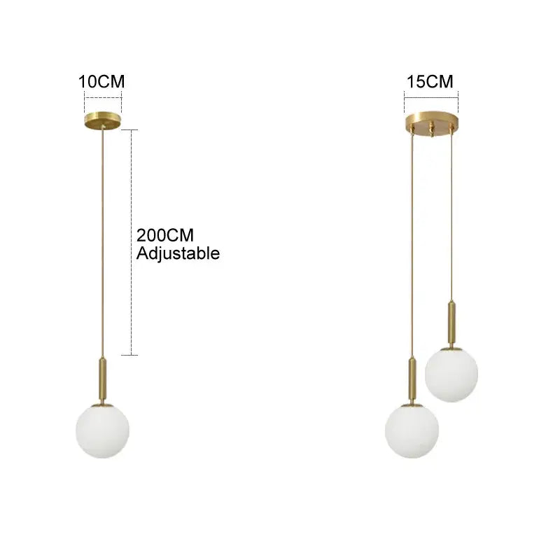 Gold-finished decorbites led glass ball chandelier with two frosted glass globe shades adjustable from ceiling