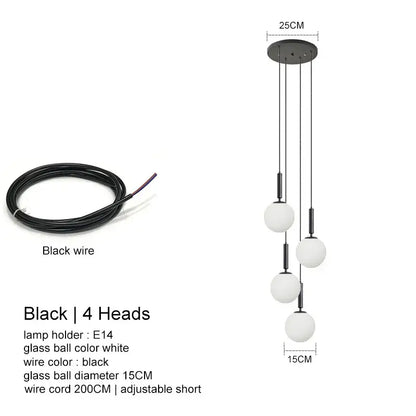 Modern black pendant light with four white glass spheres featuring decorbites led glass ball chandelier design