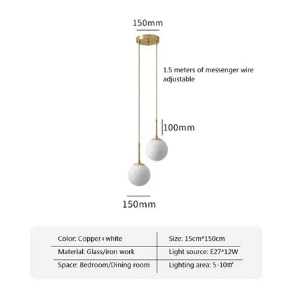 Modern two-bulb decorbites led glass ball chandelier with copper fixtures and white glass spheres for dining room lighting