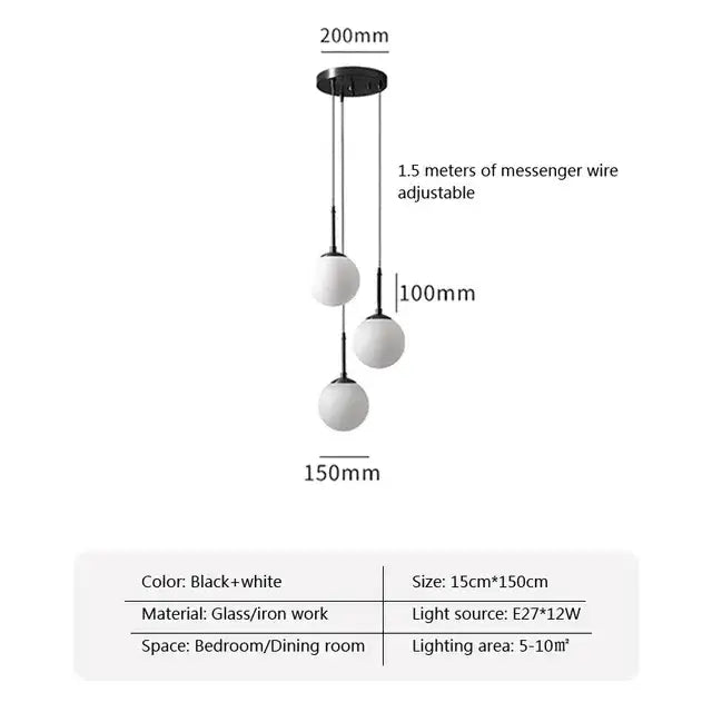 Black and white three-sphere DecorBites LED glass ball chandelier with iron work for dining room and bar lighting