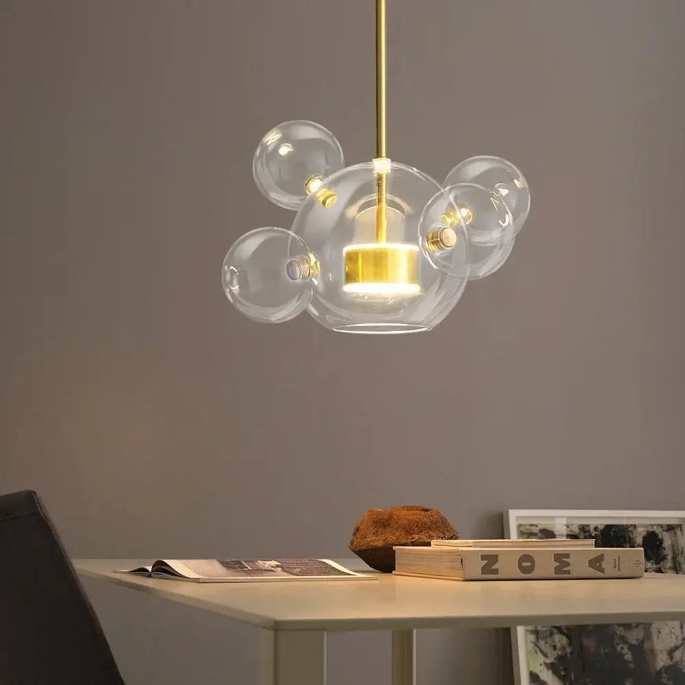 Modern glass bubble pendant lights with gold-finished metal rod by DecorBites led glass for living and dining room