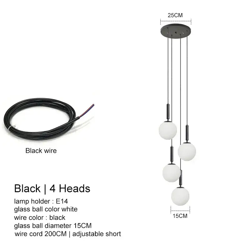 Modern black pendant led glass ball chandelier with four white glass spheres by DecorBites for stylish indoor lighting