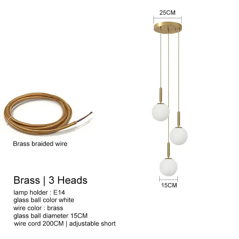 Modern brass pendant light with three white glass ball spheres and adjustable 200cm braided wire by DecorBites led glass chandelier