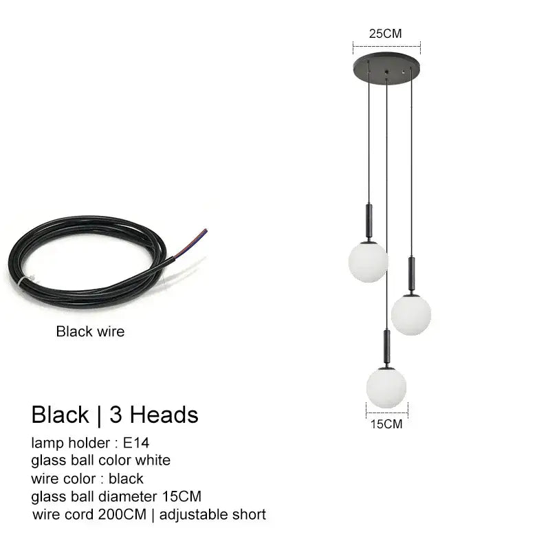 Black pendant light with three white glass ball spheres and black metal fixtures in decorbites led glass chandelier design
