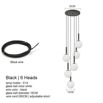 Modern black DecorBites led glass ball chandelier with six white glass spheres for stylish indoor lighting