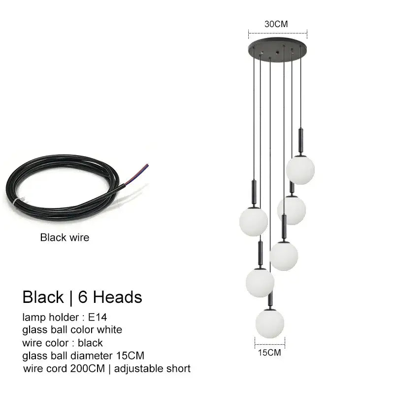 Modern black DecorBites led glass ball chandelier with six white glass spheres for stylish indoor lighting