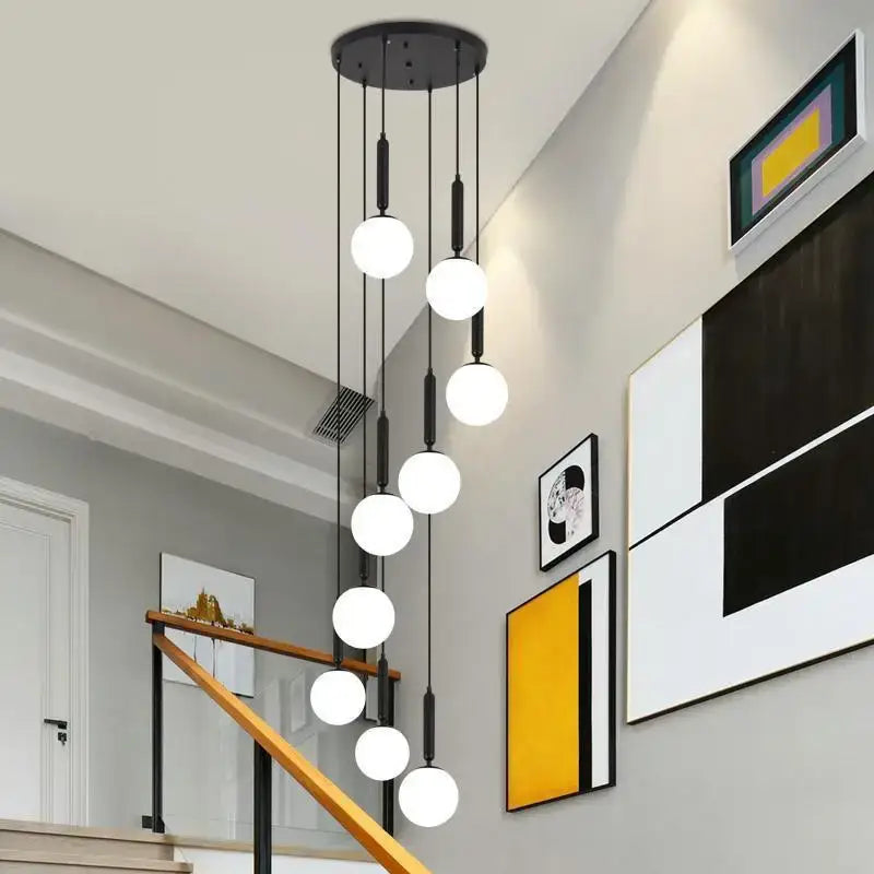 Modern black pendant chandelier with spherical white glass bulbs by DecorBites led glass ball for stylish indoor lighting