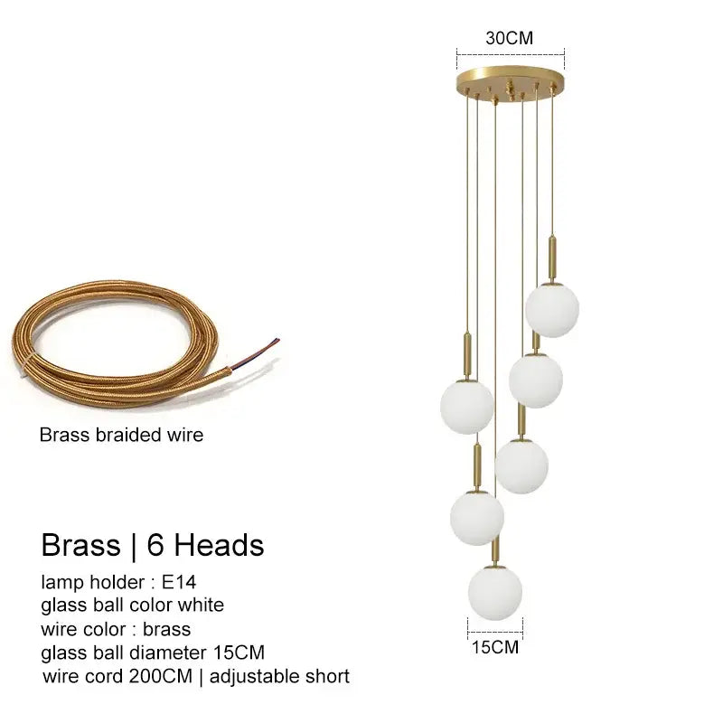Gold-toned brass decorbites led glass ball chandelier with six white glass spheres for stylish indoor lighting