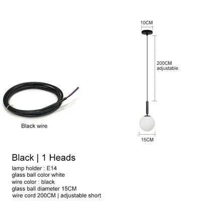 Black decorbites led glass ball pendant light with white globe and adjustable 200cm wire cord for indoor use