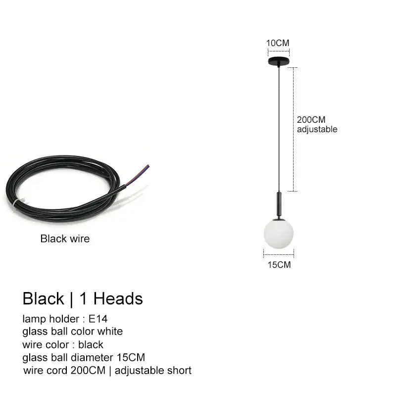 Black decorbites led glass ball pendant light with white globe and adjustable 200cm wire cord for indoor use