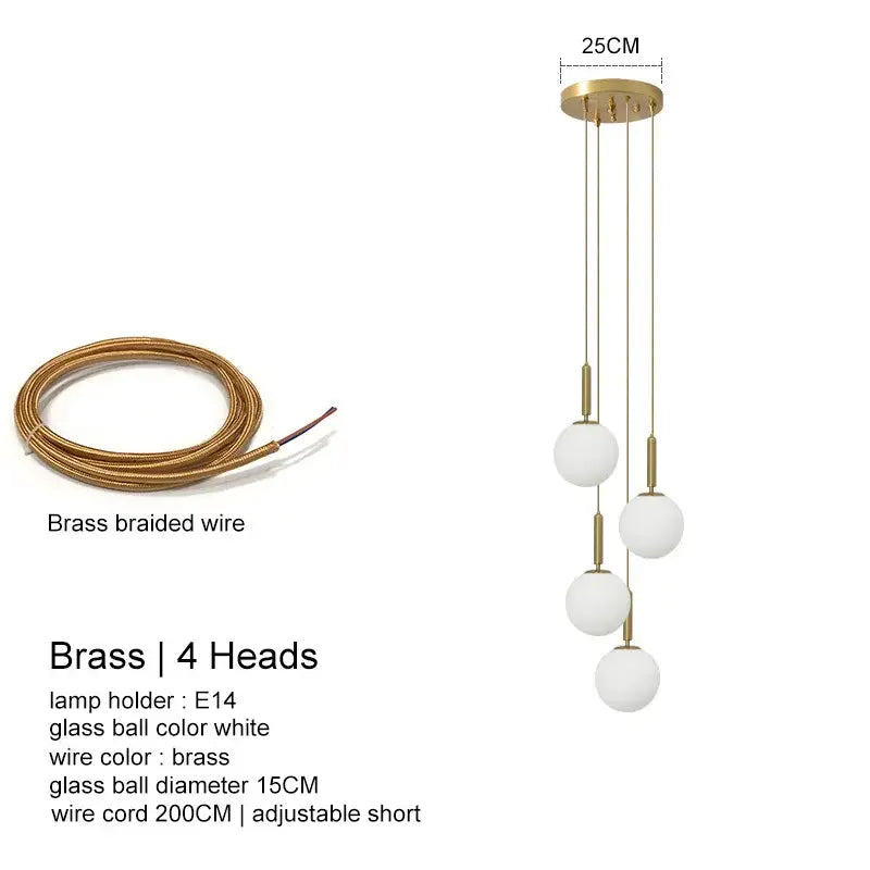 Modern brass pendant light with four white glass balls by DecorBites led glass ideal for stylish indoor spaces