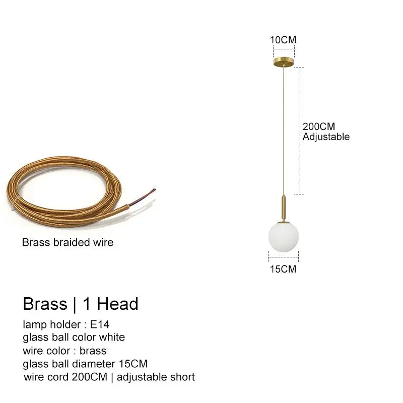Minimalist brass decorbites led glass ball pendant light with frosted white globe and adjustable 200cm cord for indoor use
