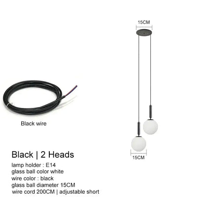 Modern minimalist decorbites led glass ball chandelier with two white glass spheres and black cords for indoor lighting