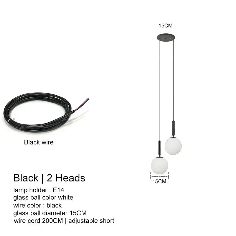 Modern minimalist decorbites led glass ball chandelier with two white glass spheres and black cords for indoor lighting
