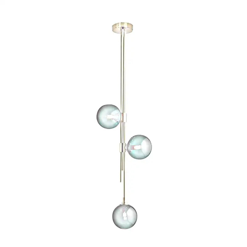 Modern pendant light featuring three translucent teal glass balls suspended on a sleek chrome rod by decorbites led glass