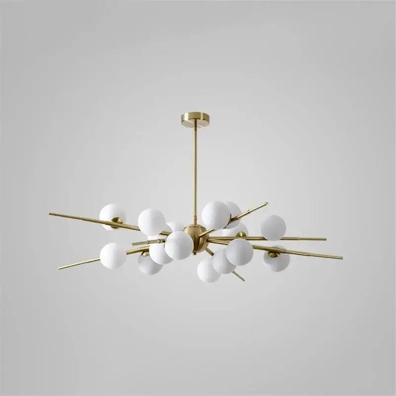 Gold-toned decorbites led glass pendant light with white spherical globes in a starburst pattern for living room and cafe
