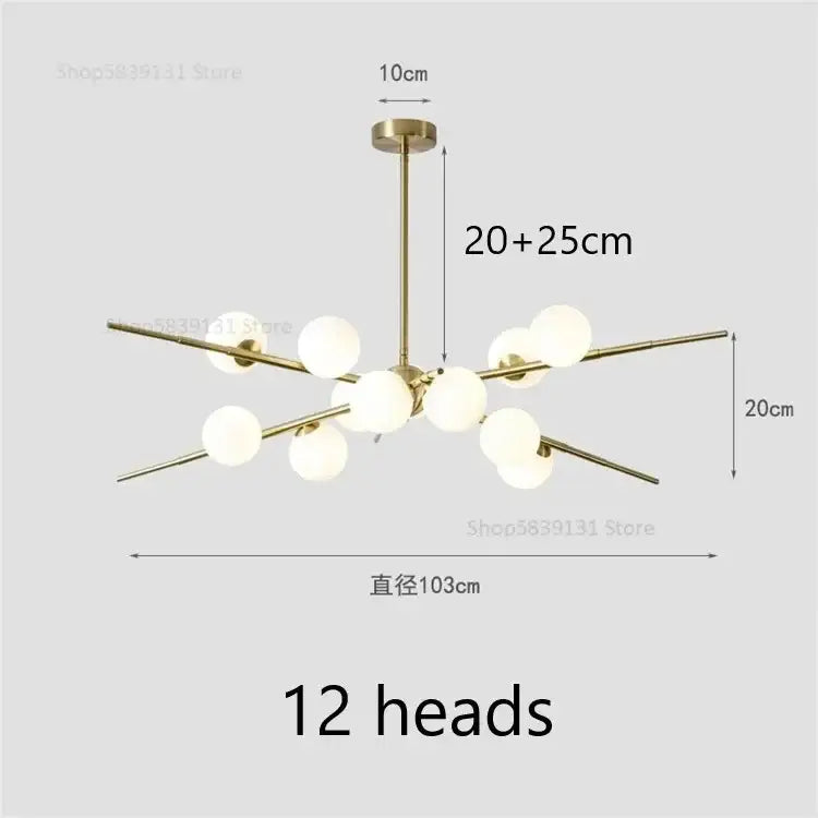 Modern brass-finished DecorBites LED glass ball pendant light with twelve frosted globes for living room and cafe decor