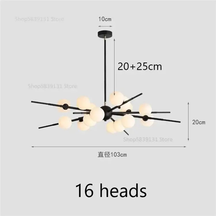 Modern black metal pendant light with 16 frosted glass globes decorbites led glass ball chandelier for living room
