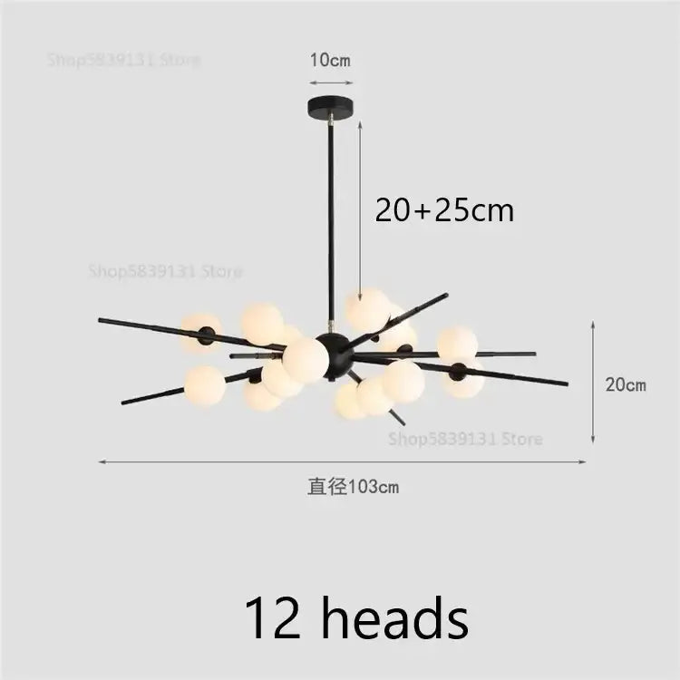 Modern black metal pendant light with twelve frosted glass globes decorbites led glass ball for living room and cafe