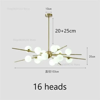 Modern brass-finished DecorBites led glass pendant light with 16 frosted glass globes for living and dining rooms