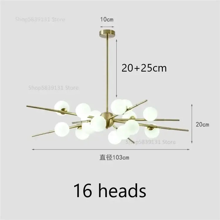 Modern brass-finished DecorBites led glass pendant light with 16 frosted glass globes for living and dining rooms