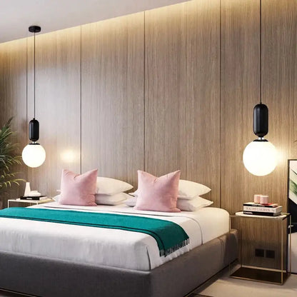 Modern pendant lights with black cylindrical shades and white glass globes by decorbites led glass for home lighting