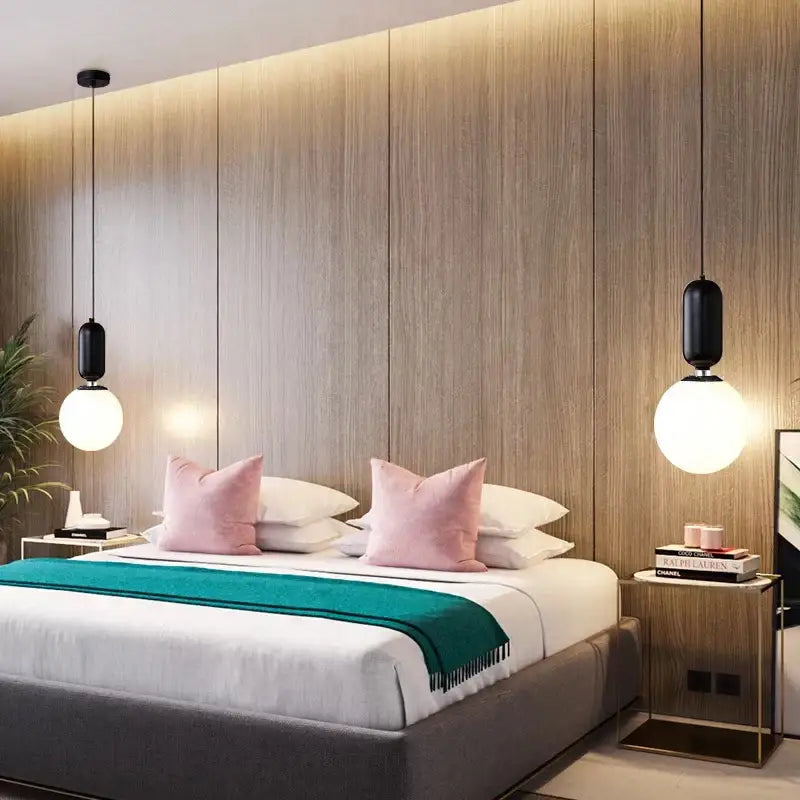Modern pendant lights with black cylindrical shades and white glass globes by decorbites led glass for home lighting