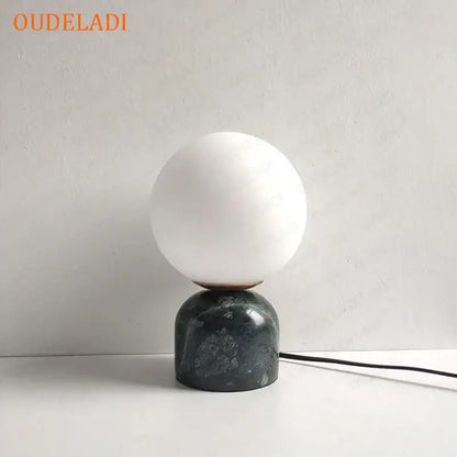 Oudeladi decorbites led glass ball table lamp with frosted white globe and dark green marble base for home lighting