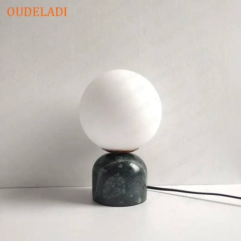 Oudeladi decorbites led glass ball table lamp with frosted white globe and dark green marble base for home lighting