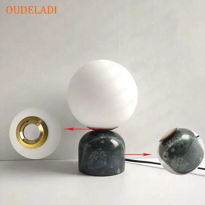 Decorbites led glass ball table lamp with white spherical glass, dark green marble base, and gold-toned accent for home decor