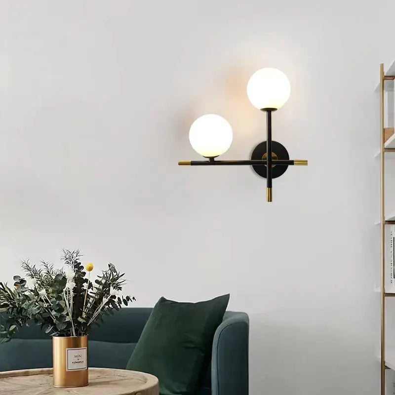Modern black and brass DecorBites led glass ball wall lamp with frosted glass globe shades for living bedroom lighting