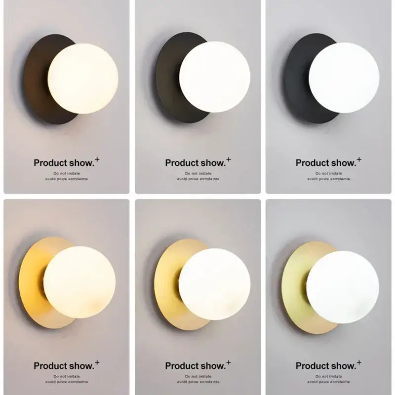 Modern minimalist DecorBites LED glass wall light with matte black or brushed gold base and white spherical shade
