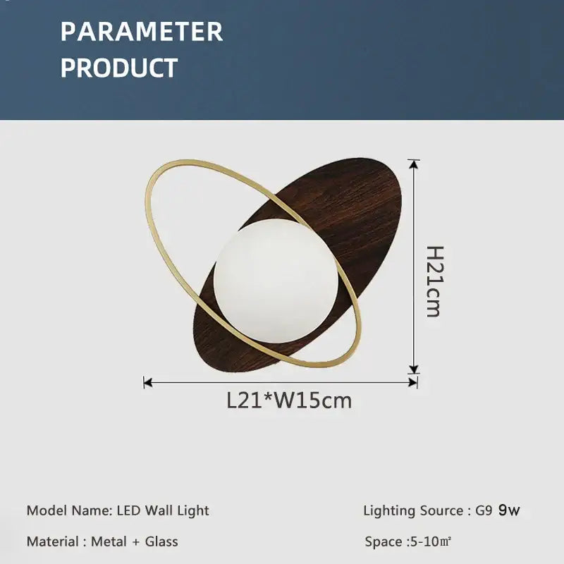 Modern DecorBites LED glass ball wall sconce with white glass bulb and gold metal rings on dark wood panel backdrop