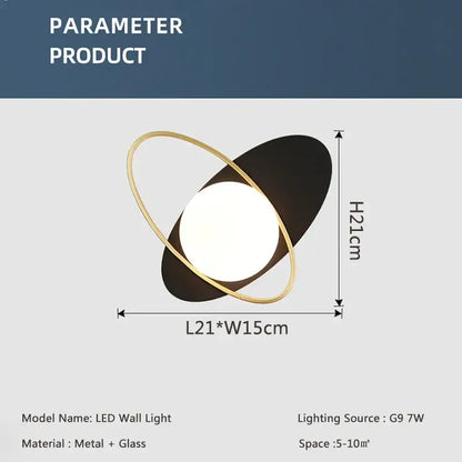 Modern gold-toned metal and black glass ball wall sconce with circular ring design by DecorBites LED glass for living room
