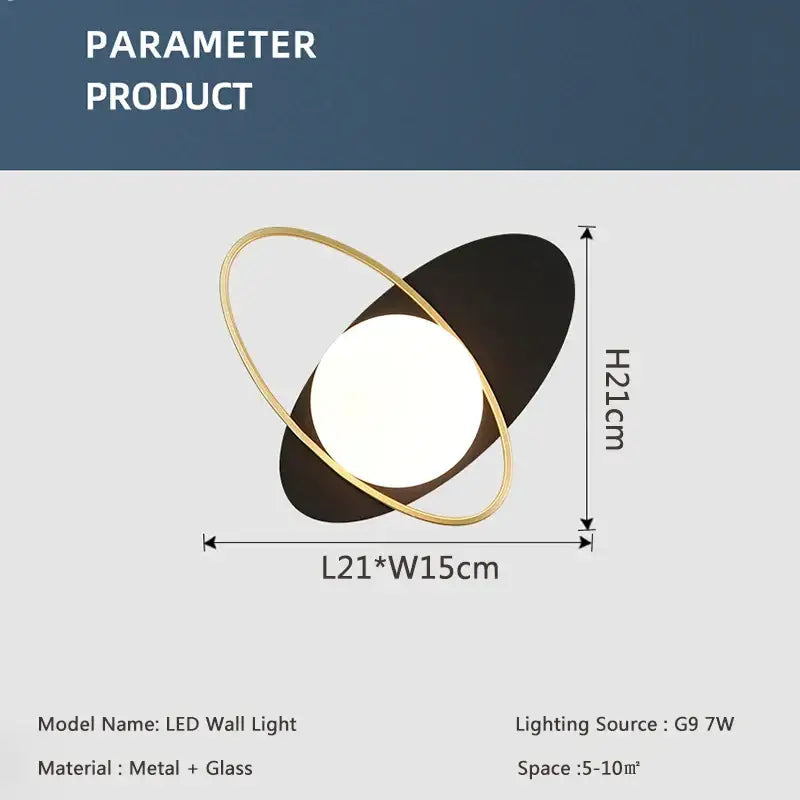 Modern gold-toned metal and black glass ball wall sconce with circular ring design by DecorBites LED glass for living room