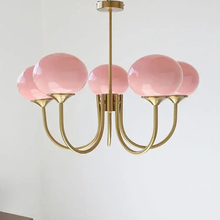 Delicate pink glass balls chandelier with brass finish and five curved arms by decorbites led glass balls pendant light