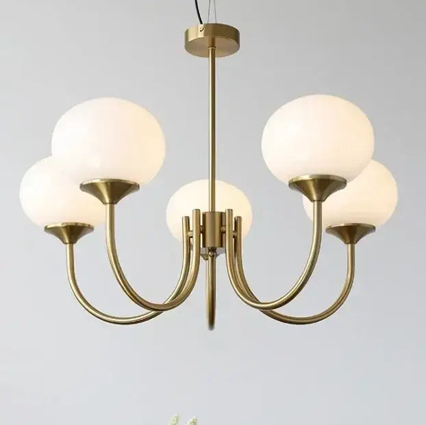 Brass-finished decorbites led glass chandelier with five frosted pink milky white glass balls for home decor