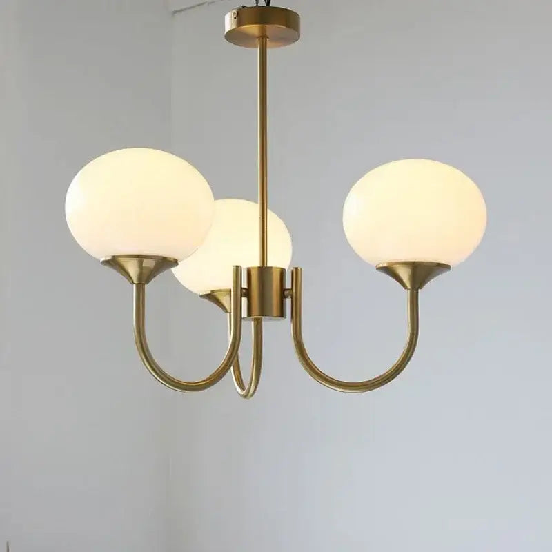 Brass-finished decorbites led glass chandelier with three pink milky white frosted glass balls for home decor