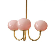 DecorBites led glass three-light chandelier with soft pink translucent glass balls and polished brass arms for home decor
