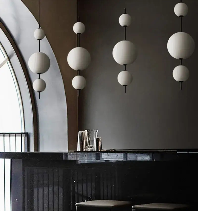 DecorBites™ LED glass beads pendant chandelier with white matte spherical LED glass beads hanging in cascading clusters