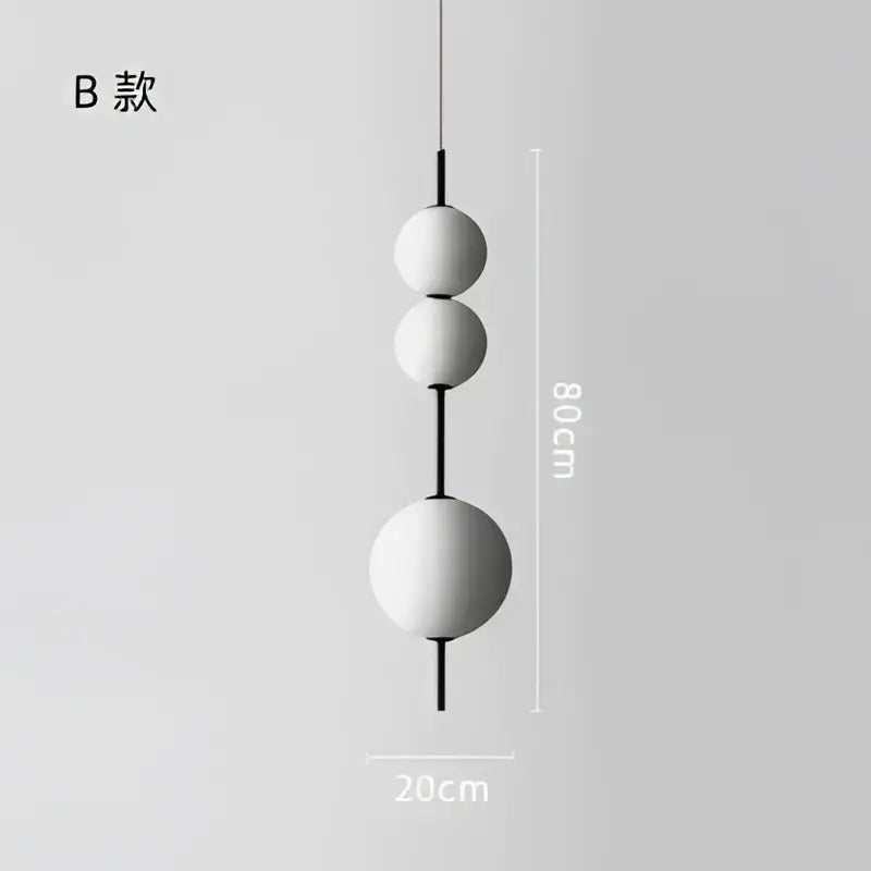 Minimalist white spherical decorbites led glass beads pendant chandelier with three stacked orbs and black central rod