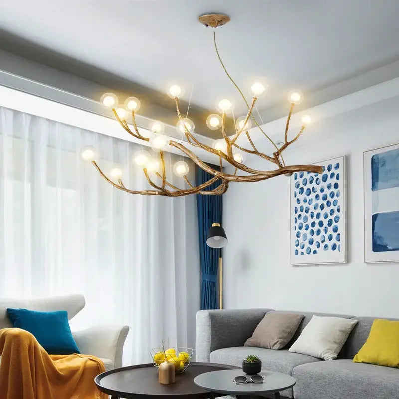 Golden branch style DecorBites LED glass bubble chandelier with multiple spherical bulbs for restaurant and bedroom lighting