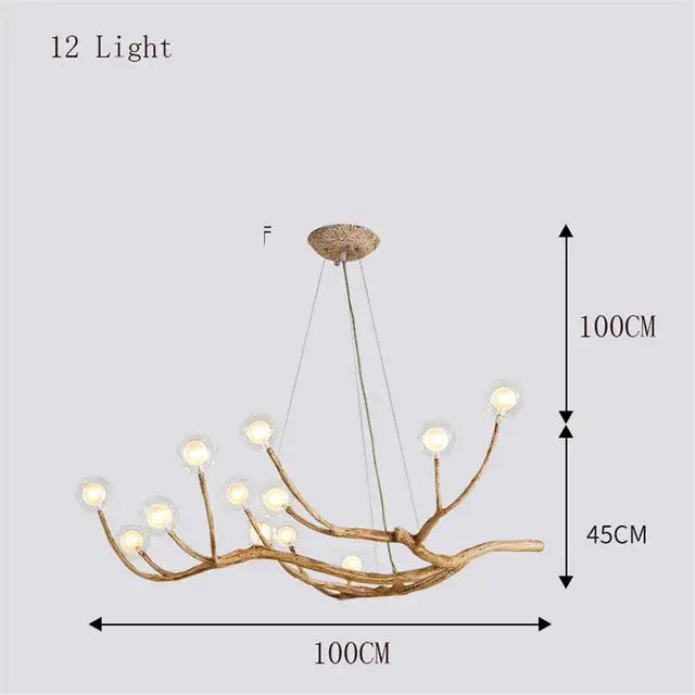 Rustic 12-light decorbites led glass bubble chandelier with natural wood branch design and warm-toned finish for loft lighting