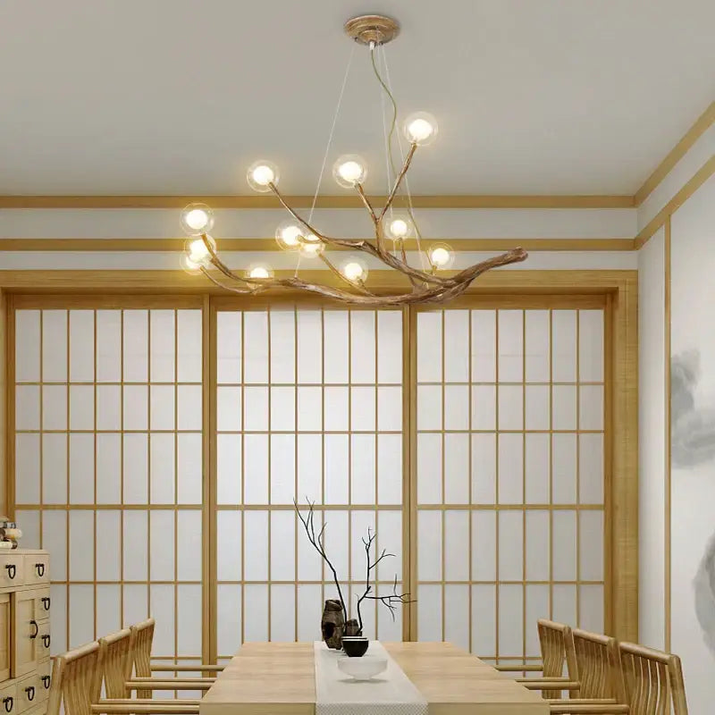 Natural wood branch decorbites led glass bubble chandelier with warm-toned globe bulbs for loft and bedroom lighting