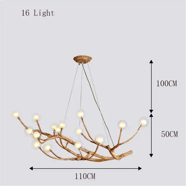 DecorBites led glass bubble chandelier with 16 clear glass globes and natural wood branch design for loft lighting